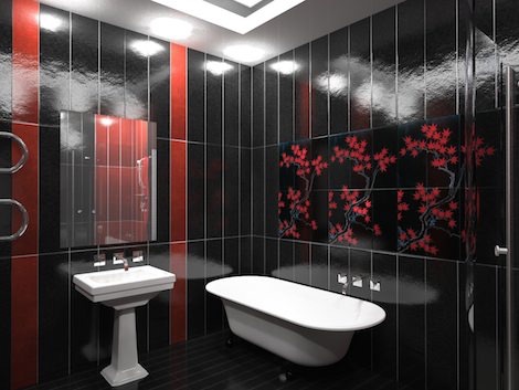 Черная ванная комната с красным оформлением